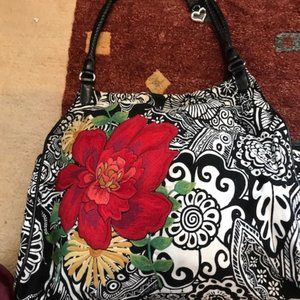 Brighton black/white cloth bag w/ embroidered flower